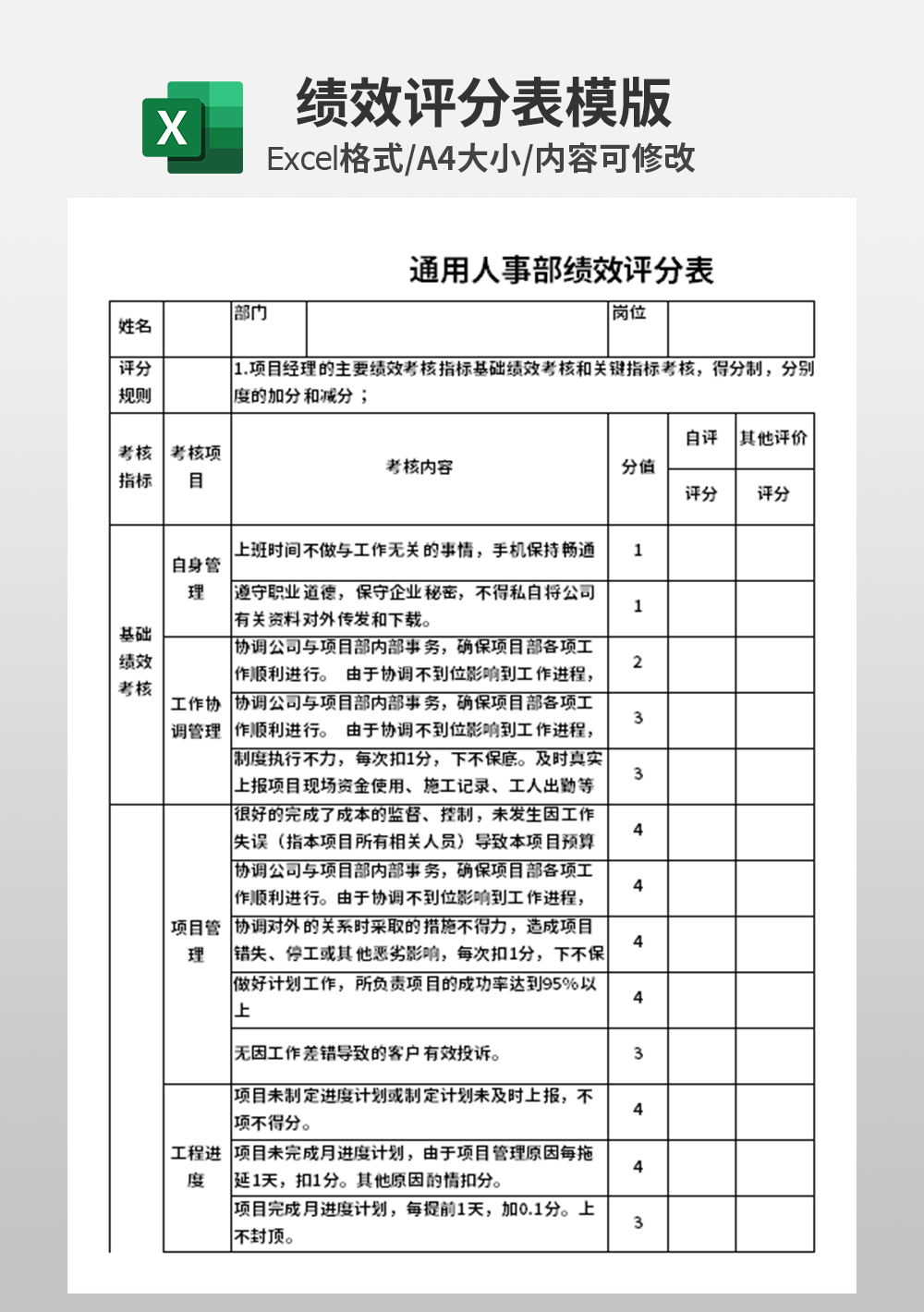 通用人事部績(jī)效評(píng)分表