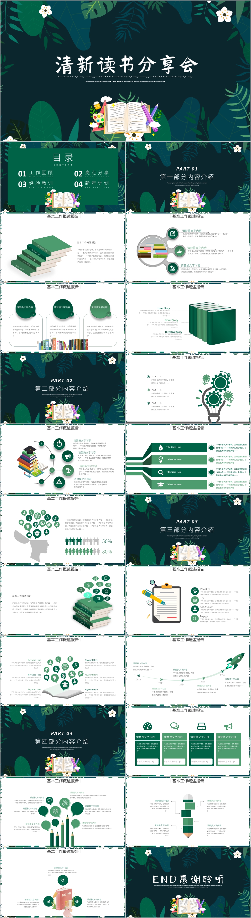 绿色小清新阅读读书分享会好书推荐PPT模板