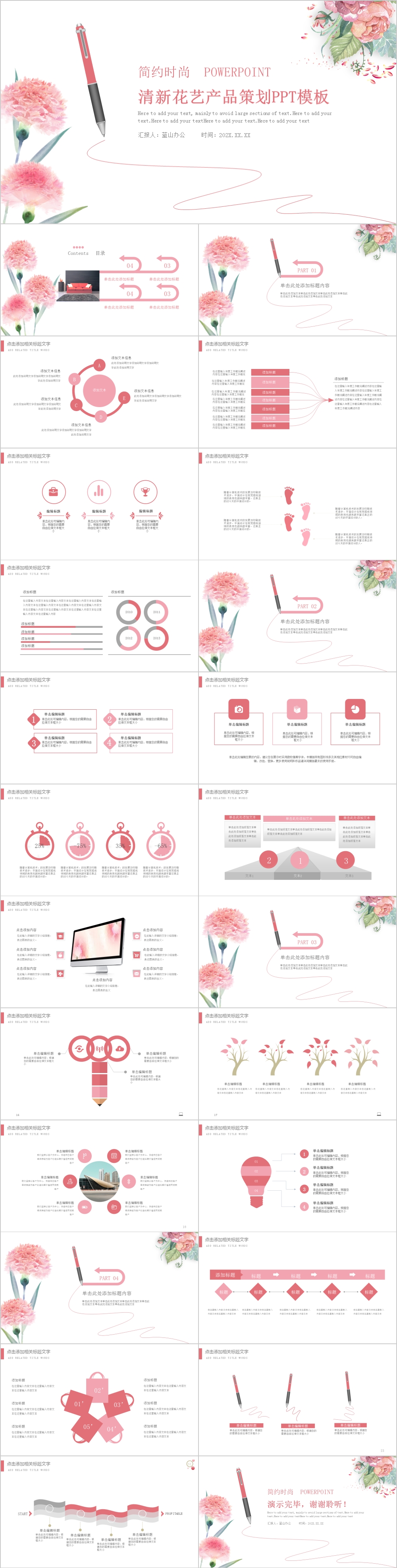 粉色康乃馨小清新风格产品策划通用PPT模板
