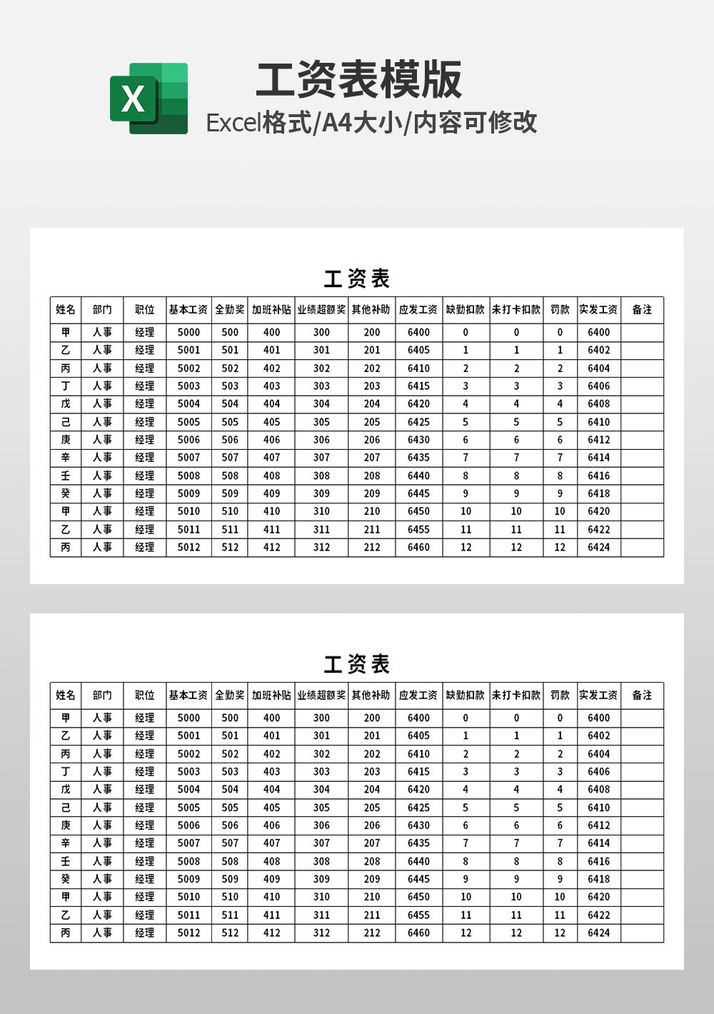 人事部财务员工工资表模板