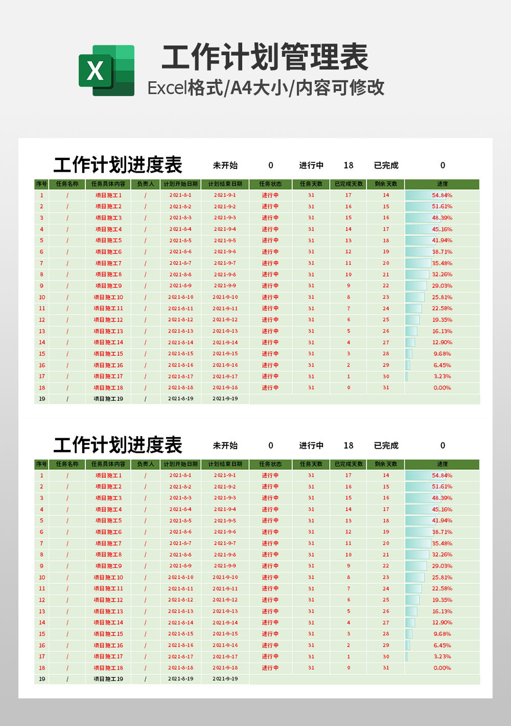 辦公工作計劃進度表模板