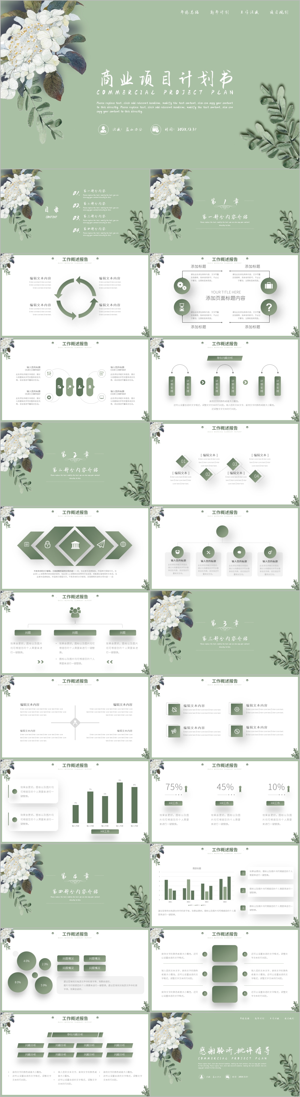 绿色清新花朵商业项目计划书PPT模板