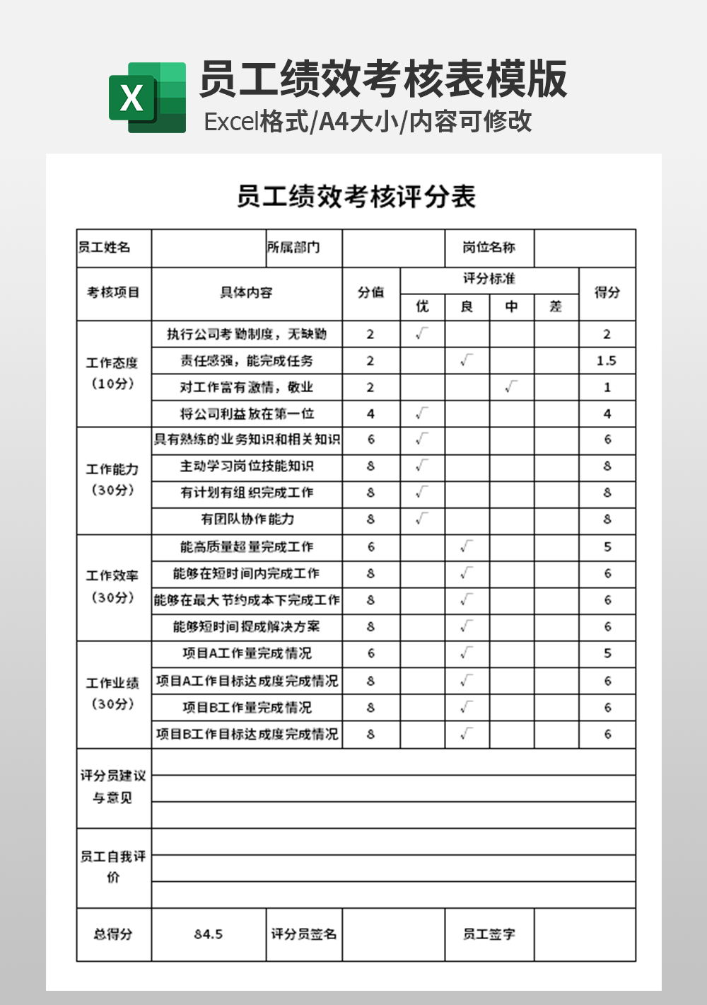 企业员工绩效考核评分表