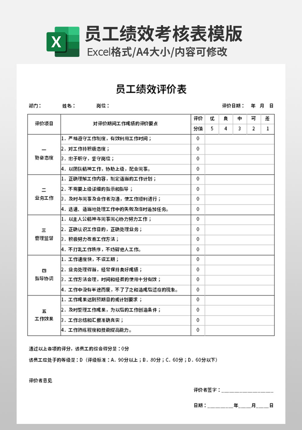 企業(yè)公司員工績效評價表
