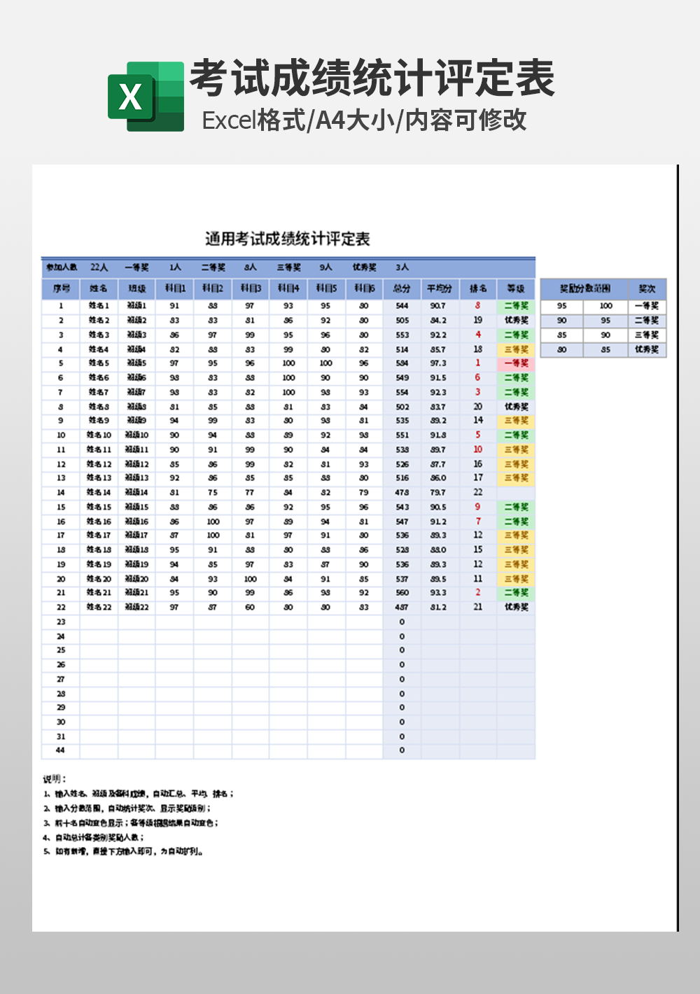 通用考试成绩统计评定表