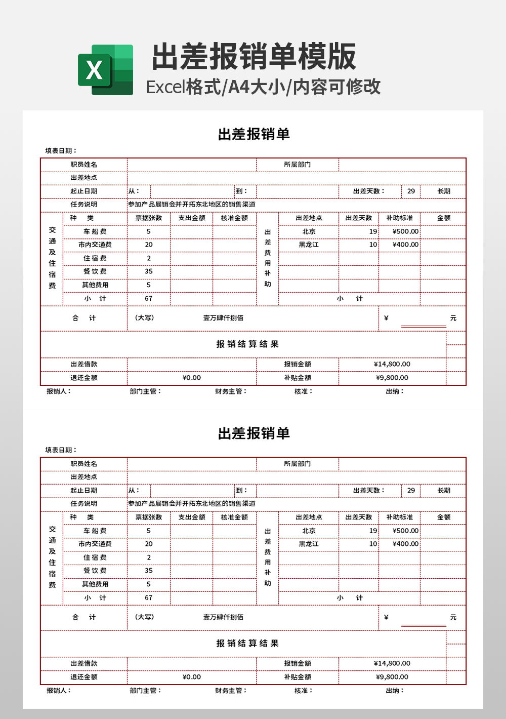 财务部出差报销单模板