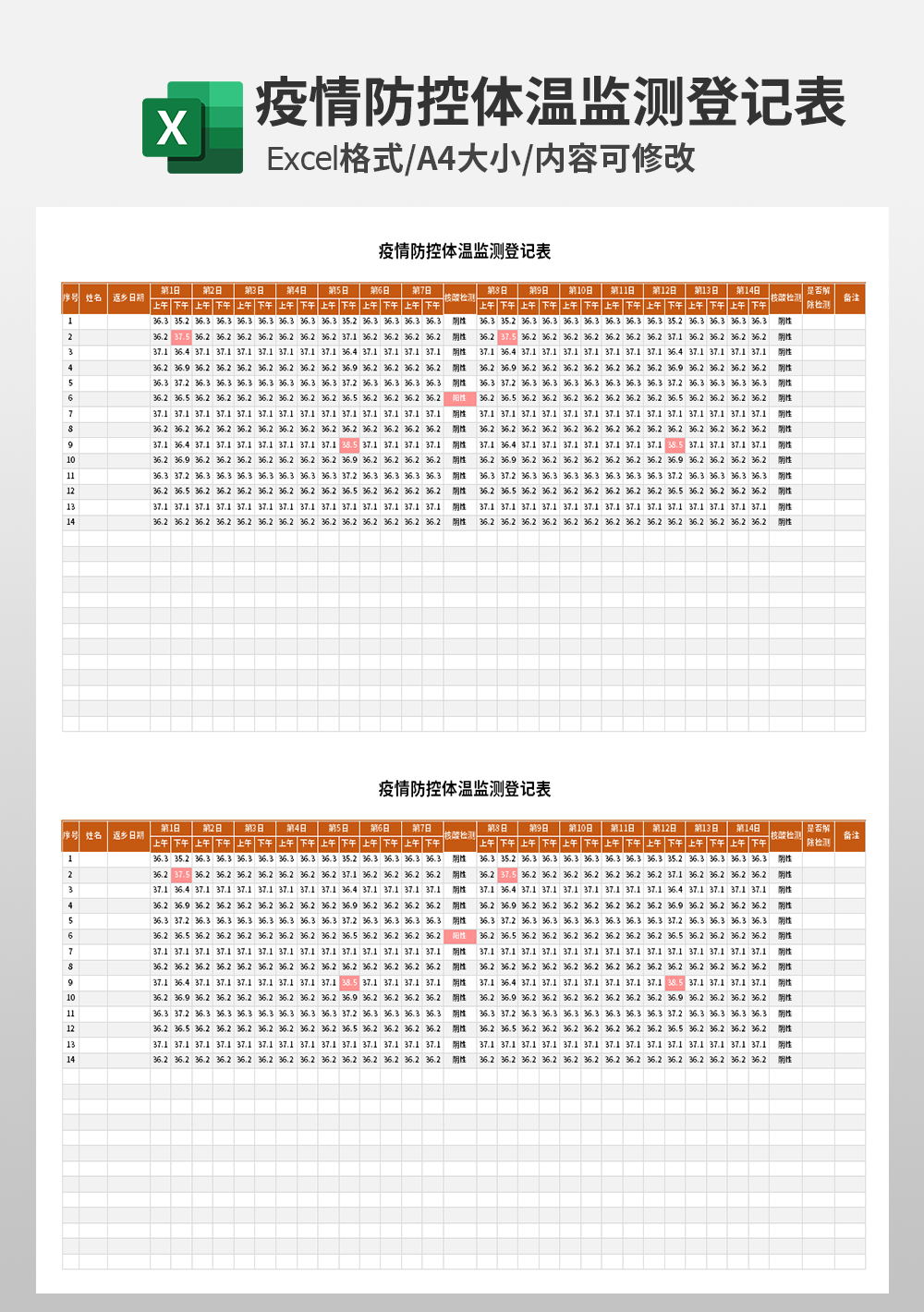 疫情防控体温监测登记表