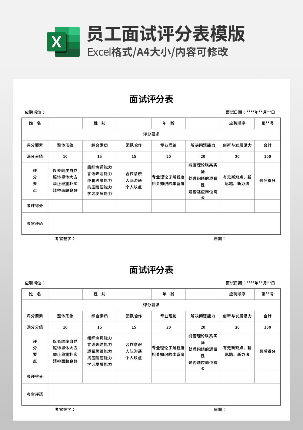 人事管理员工面试评分表