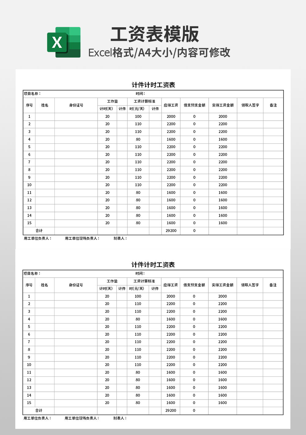 計(jì)件計(jì)時(shí)工資表模板