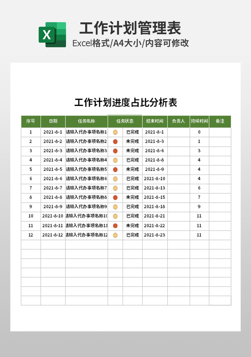 工作计划进度占比分析表