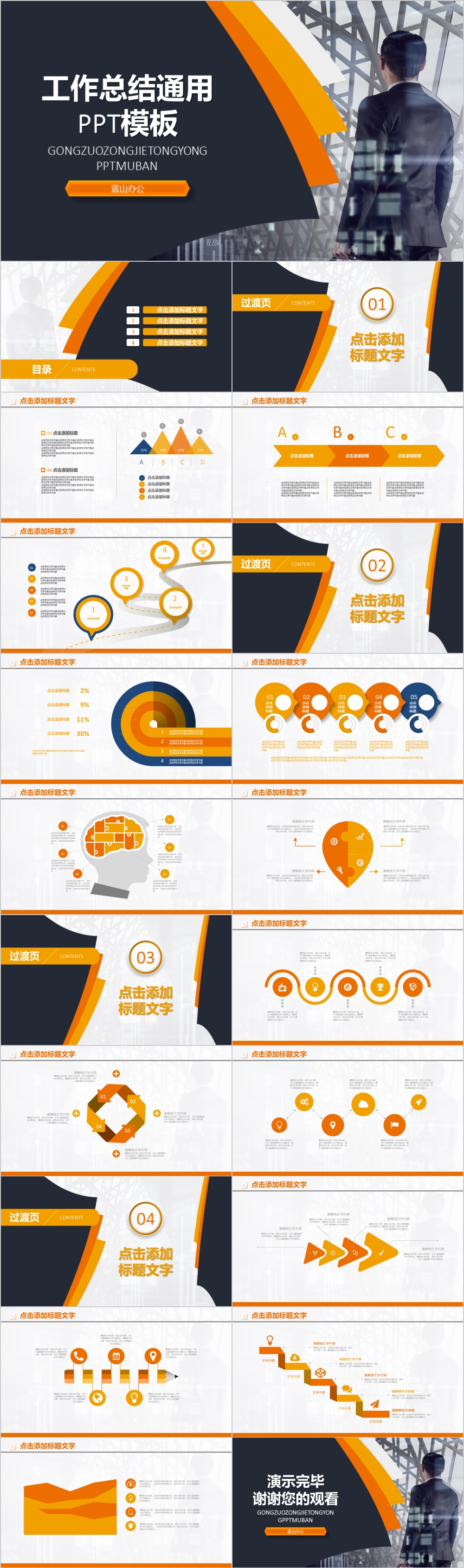 橙黑色商务风工作总结通用PPT模板