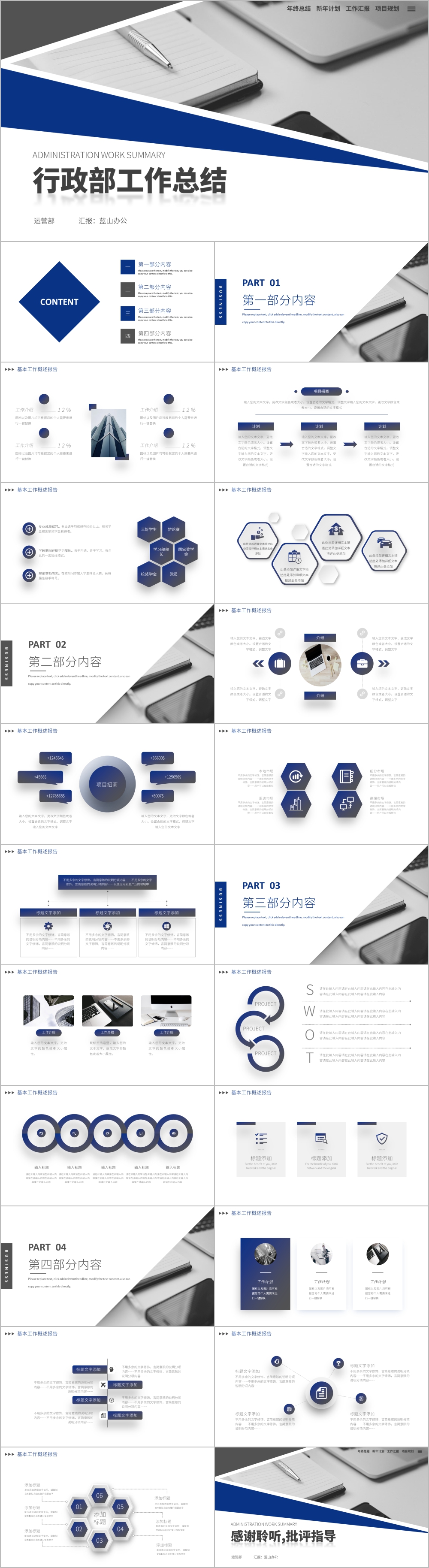 蓝色商务简约行政部工作总结PPT模板