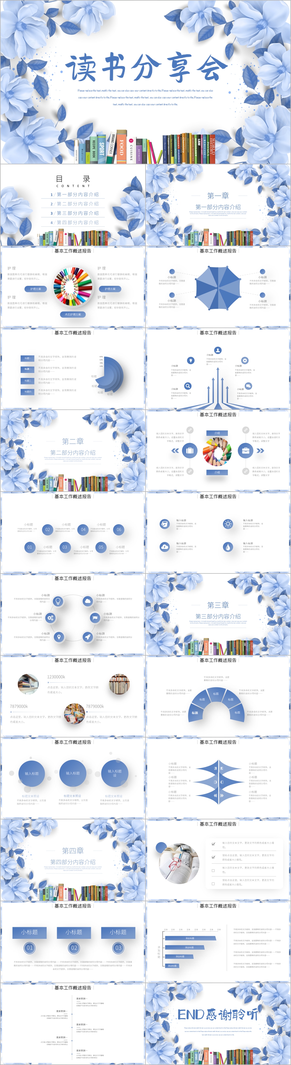 蓝色清新花朵教育读书分享会PPT模板