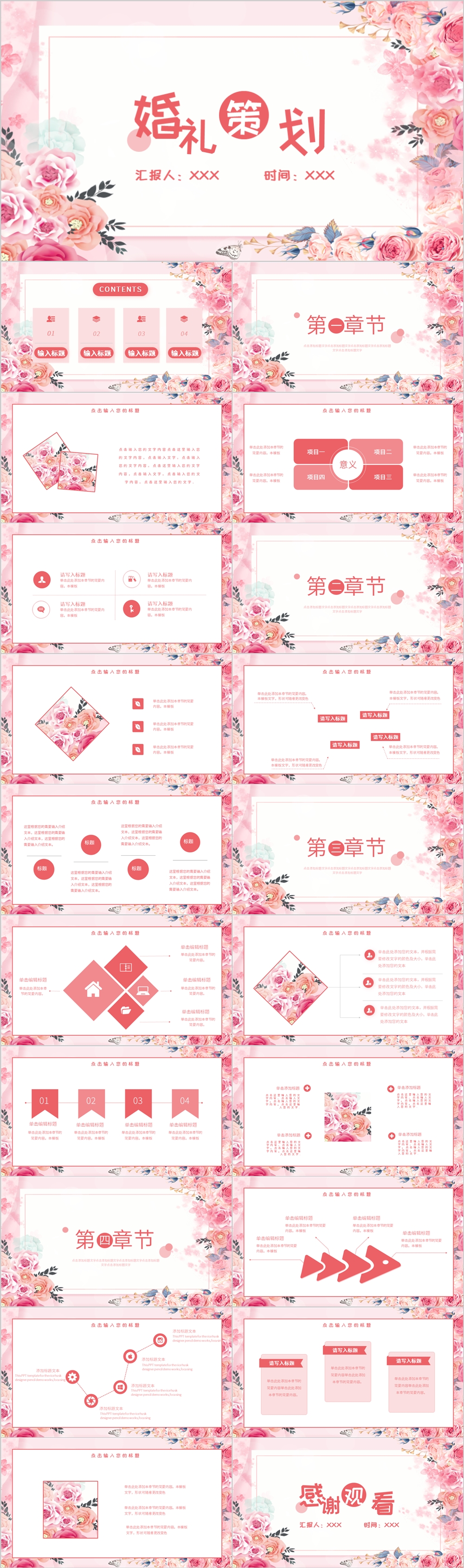 粉色花卉风婚礼策划PPT模板
