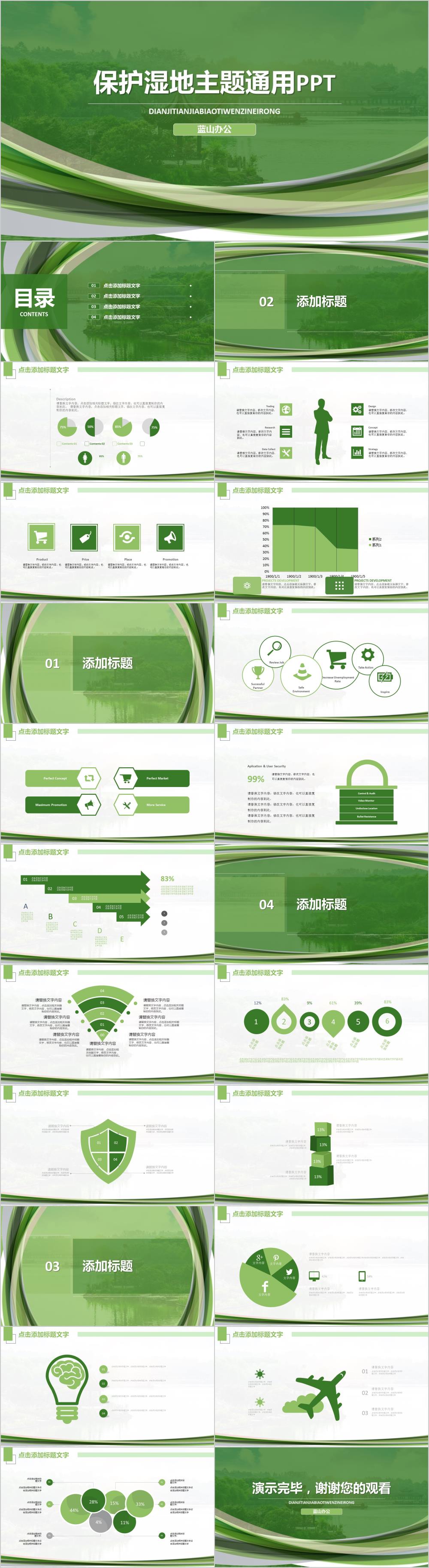 绿色简约风保护湿地主题通用PPT模板