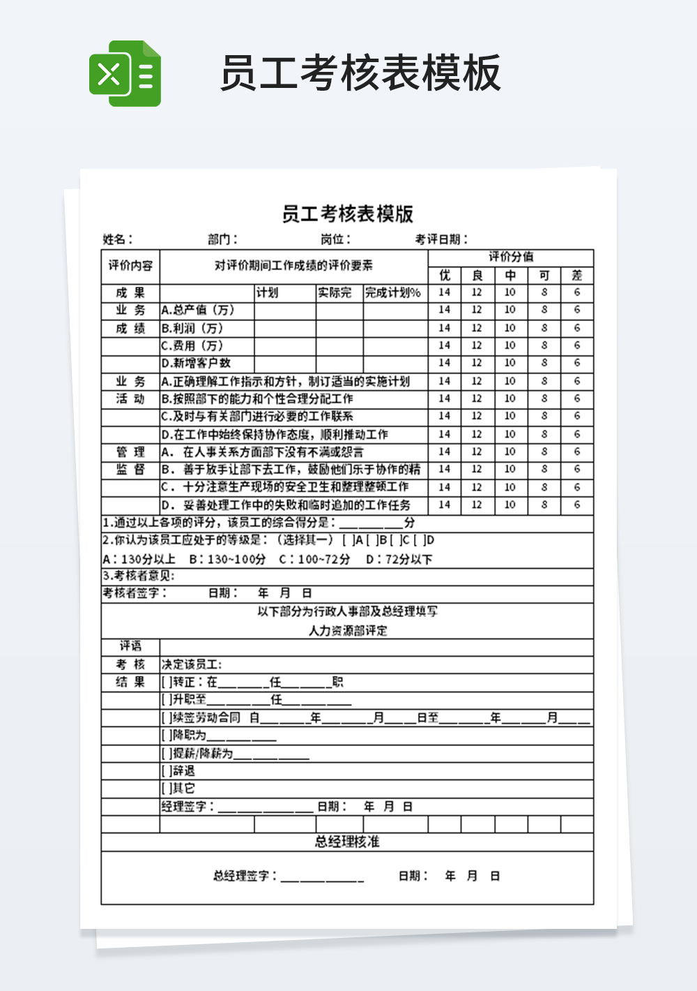 人力資源員工考核表模板