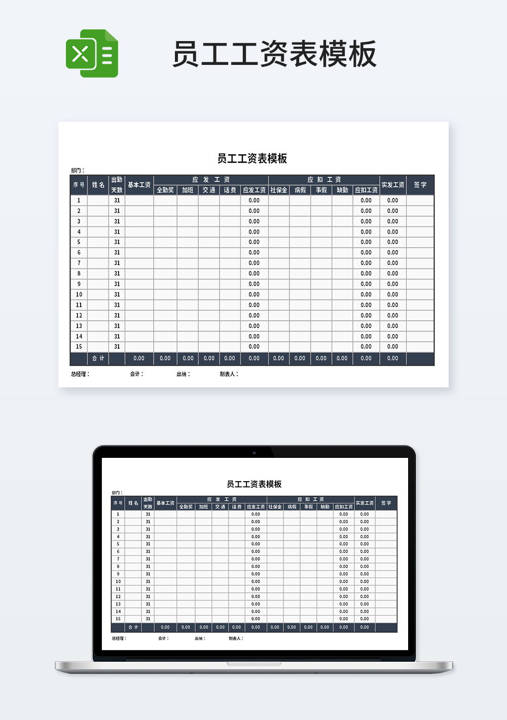 员工工资表模板EXCEL