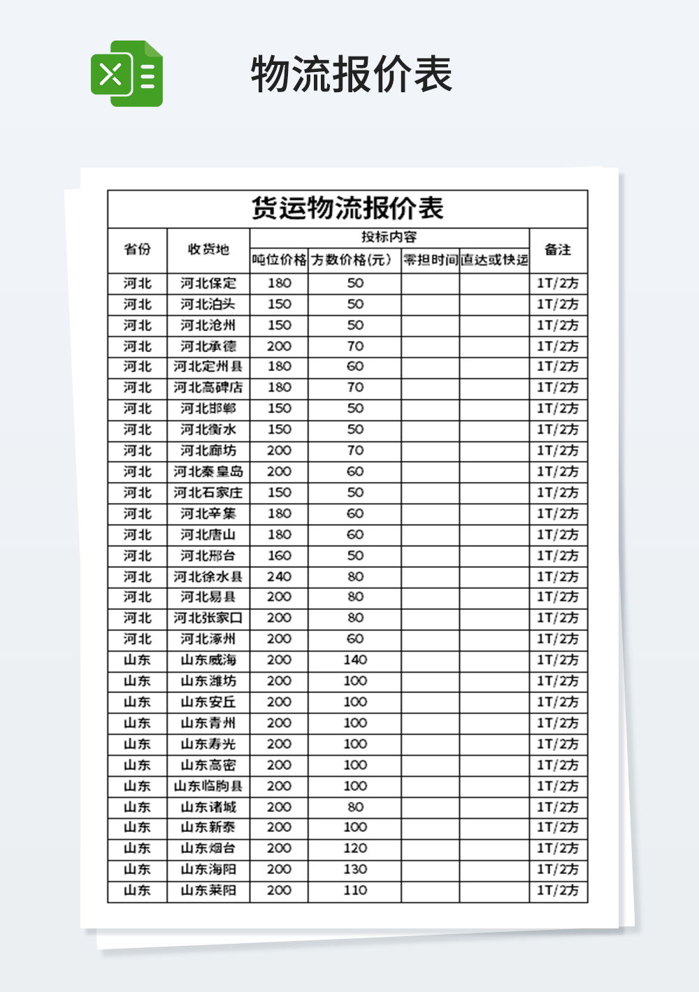 通用货运物流报价表模板