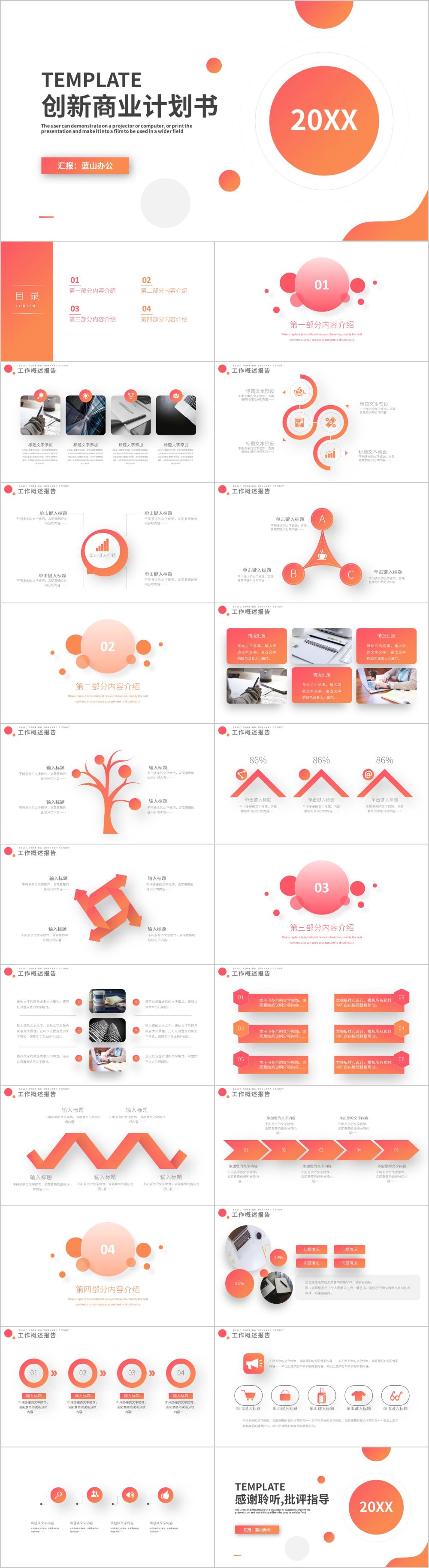 橙色创意圆形创新商业计划书PPT模板