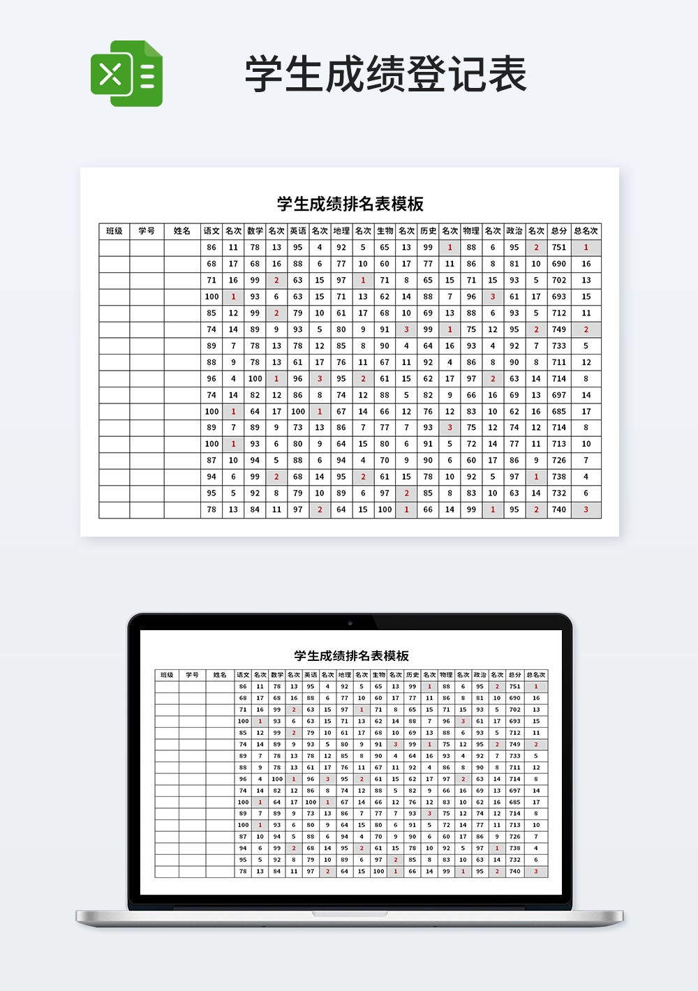 学生成绩排名表模板