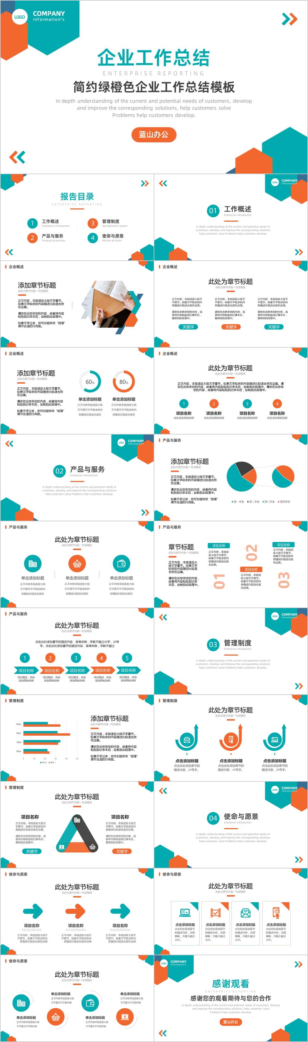 简约绿橙色企业工作总结ppt模板