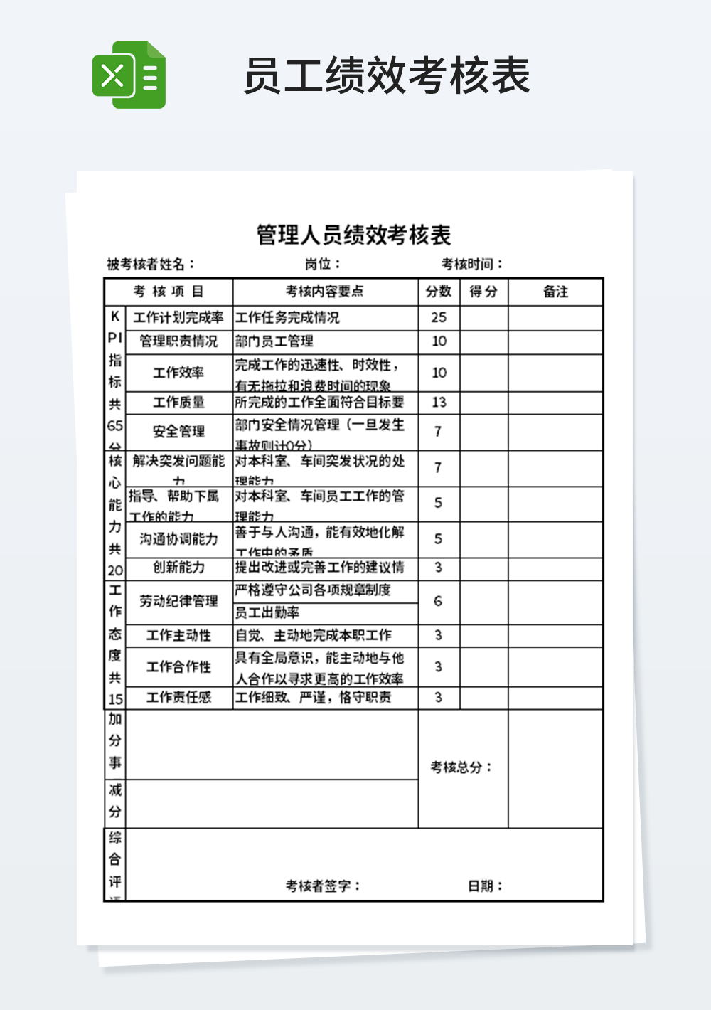 管理人员绩效考核表